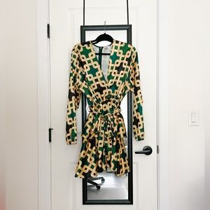 Satin geometric patterned mini faux wrap dress